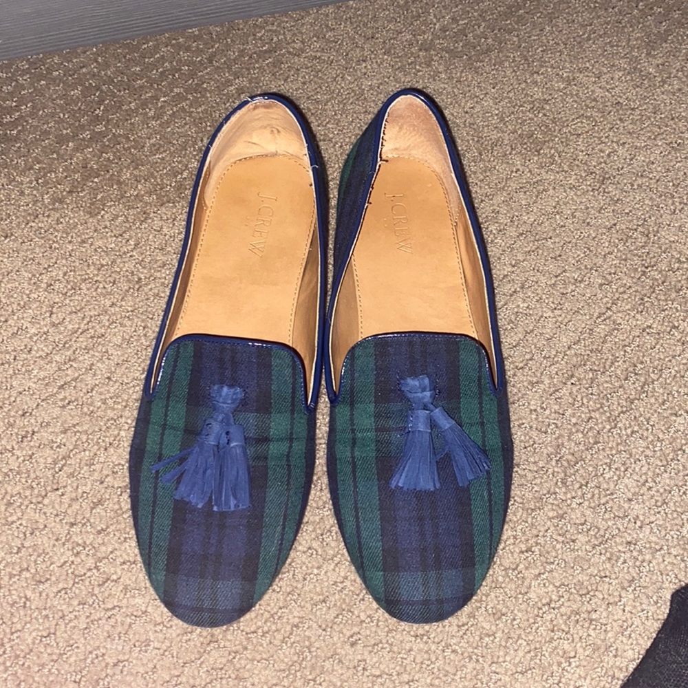 J crew plaid green and blue tassel shoes size 10